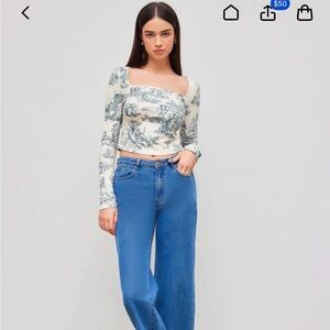Cider TOILE DE JOUY SQUARE NECK RUCHED LONG SLEEVE CROP TOP